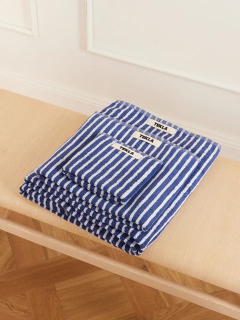 TEKLA Set of three striped organic cotton-terry towels Blue