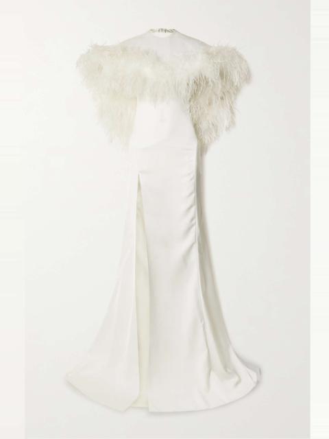 Airi cape-effect feather-trimmed cutout satin gown