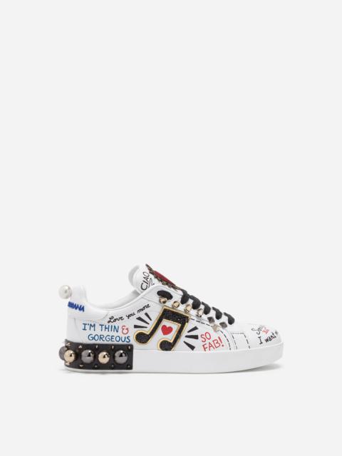 Dolce & Gabbana Printed calfskin nappa Portofino sneakers with patch and embroidery