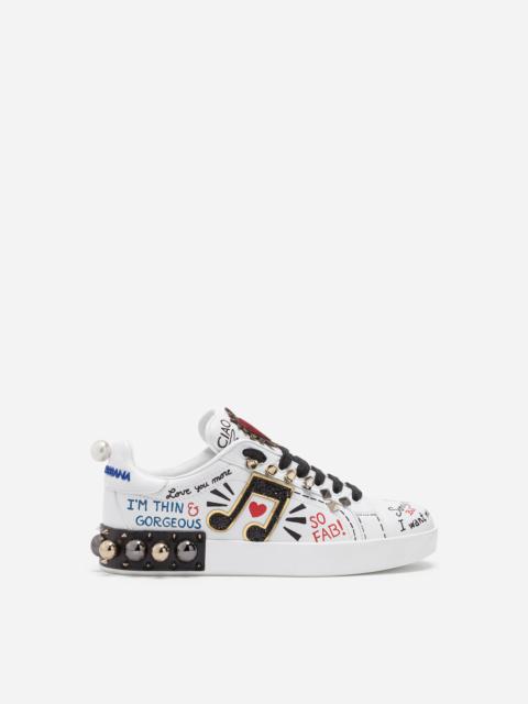 Printed calfskin nappa Portofino sneakers with patch and embroidery