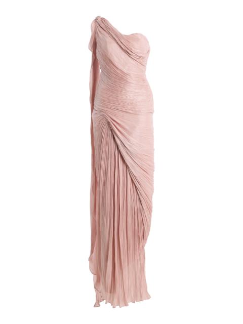 MARMAR HALIM Exclusive One-Shoulder Draped Hand-Pleated Silk Roseya Gown pink