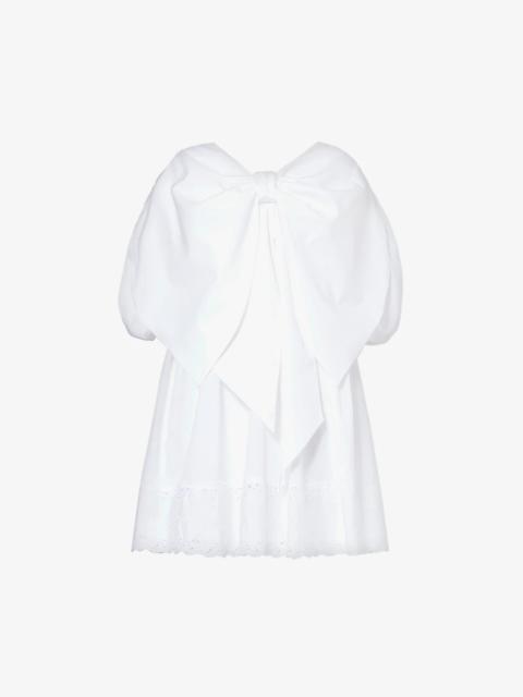 Bow-embellished puff-sleeve cotton mini dress