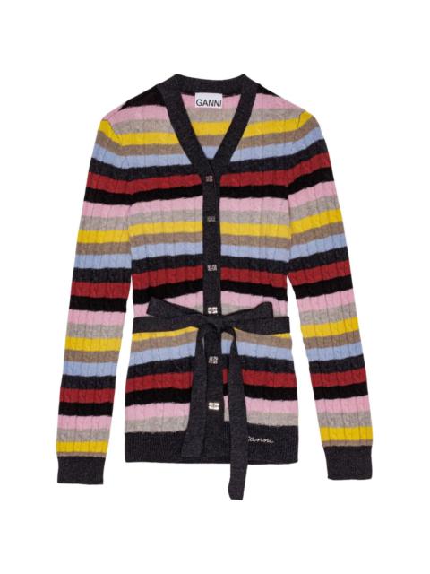 GANNI logo-embroidered striped belted cardigan