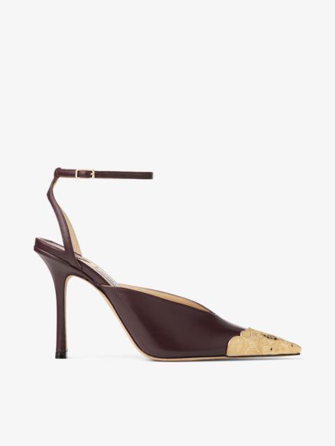 JIMMY CHOO Faiz 100 Deep Merlot and Vintage Gold Leather Pumps with Metal Lace Detail