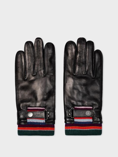 Paul Smith Leather Gloves With Striped Wool Cuffs
