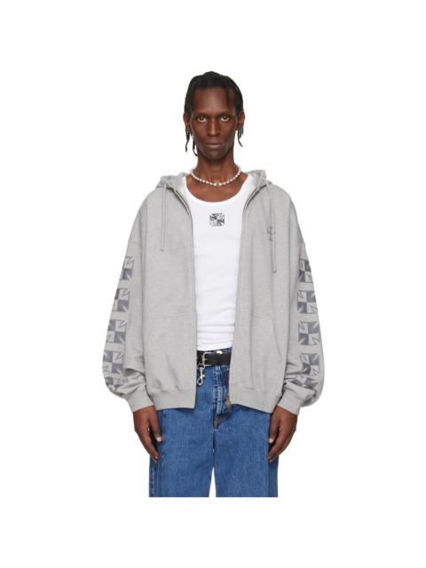 Gray Biker Cross Sleeves Zip-Up Hoodie