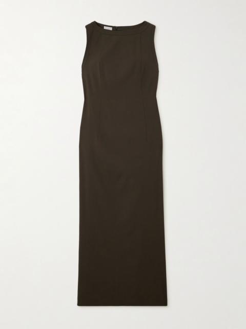 Brunello Cucinelli Bead-embellished wool-blend twill maxi dress Dark brown
