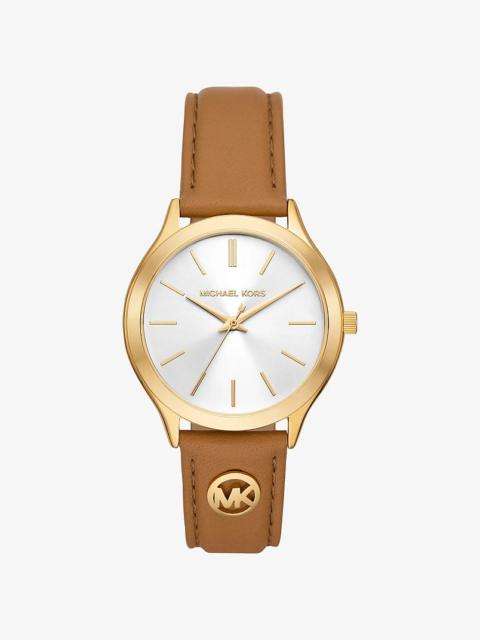 MICHAEL KORS Slim Runway Gold-Tone and Leather Watch