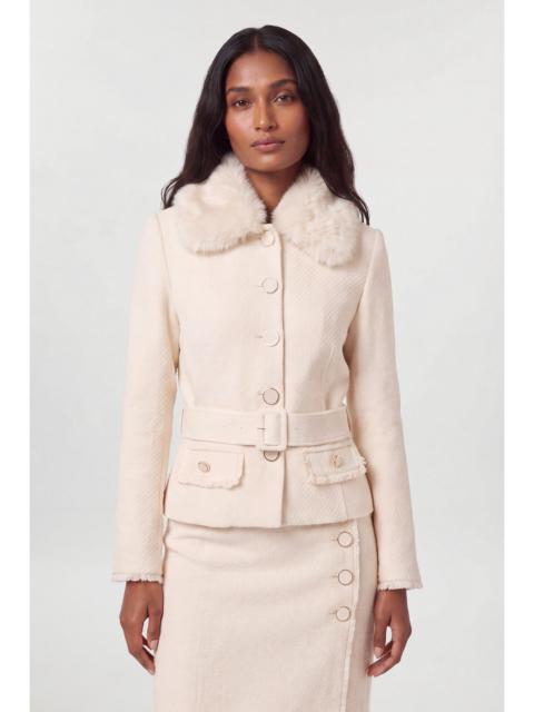 KAREN MILLEN Texture Tweed Detachable Faux Fur Collar Tailored Jacket