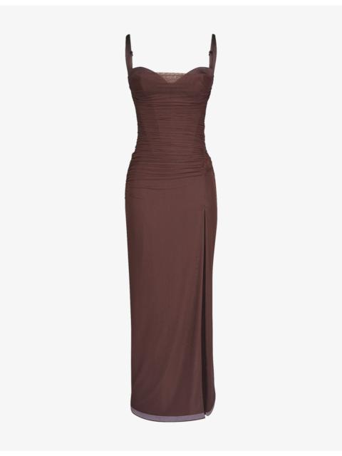House of CB Lini Corset-Bodice Stretch-Mesh Maxi Dress