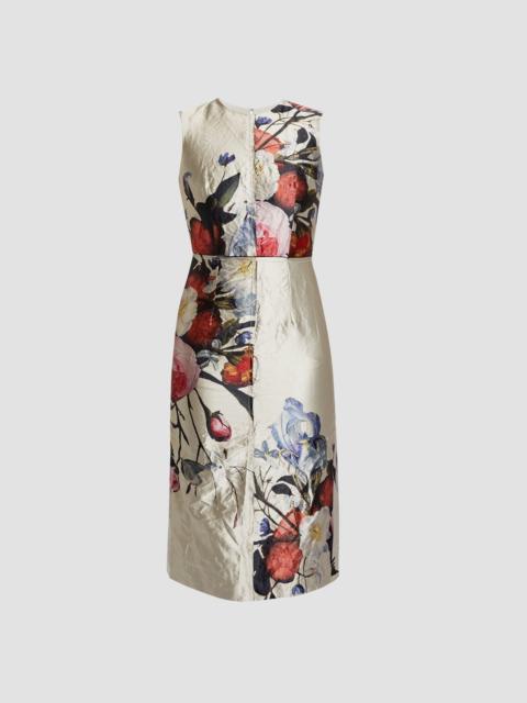 FLORAL PRINT TEXTURED SATIN SLEEVELESS MIDI DRESS
