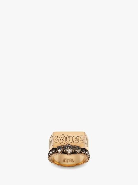 Alexander McQueen Mcqueen Graffiti Pave Ring in Antique Gold