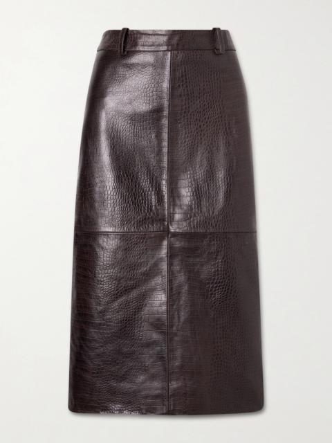The Frankie Shop Taney Paneled Croc-effect Leather Midi Skirt
