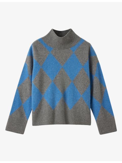 WHISTLES Argyle Detail High-Neck Wool-Blend Jumper