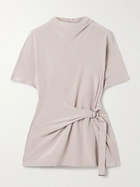 Brunello Cucinelli Buckle-embellished draped silk crepe de chine top Mushroom