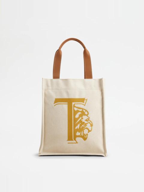 Tod's TOTE SHOPPING BAG IN CANVAS MEDIUM - BROWN, BEIGE