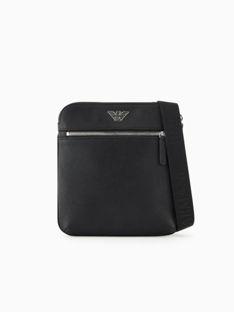EMPORIO ARMANI ASV regenerated Saffiano leather flat shoulder bag with eagle plate