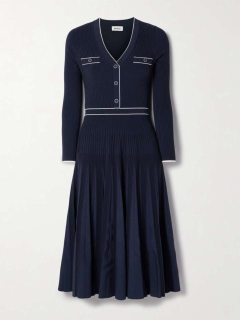 Heloisa pleated striped ribbed-knit midi dress Navy