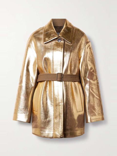Belted metallic coated wool-blend coat
