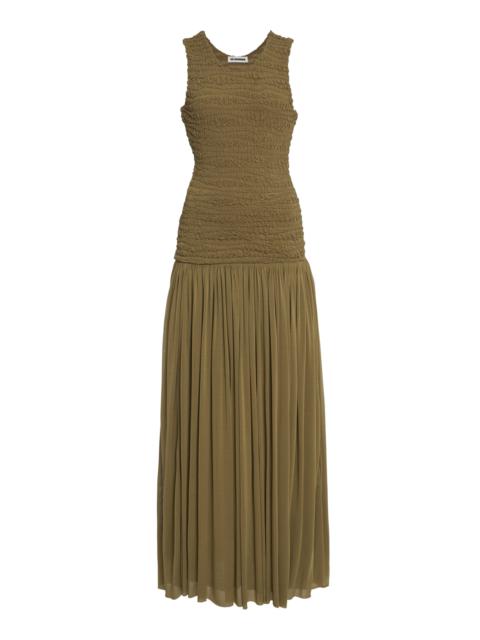 Jil Sander Smocked Drop-Waist Georgette Maxi Dress green