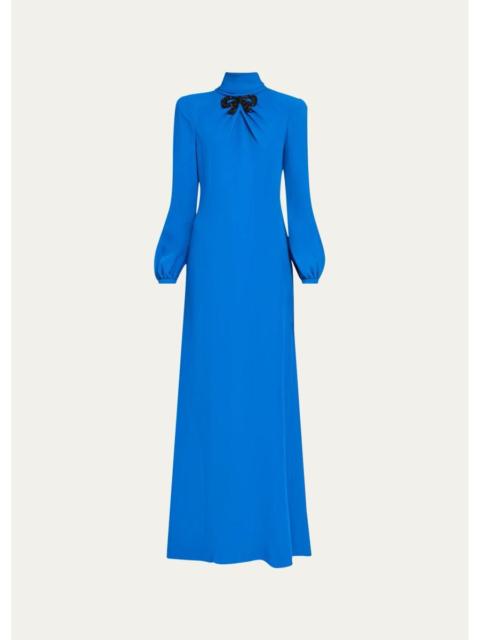 Valentino Bow Embroidered Turtleneck Long-Sleeve Silk Gown