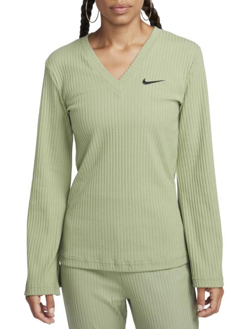 Sportswear Rib Jersey Long Sleeve V-Neck Top in Oil Green/Black