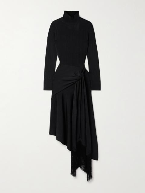 ADAM LIPPES Asymmetric Draped Fringed Stretch-knit Turtleneck Midi Dress