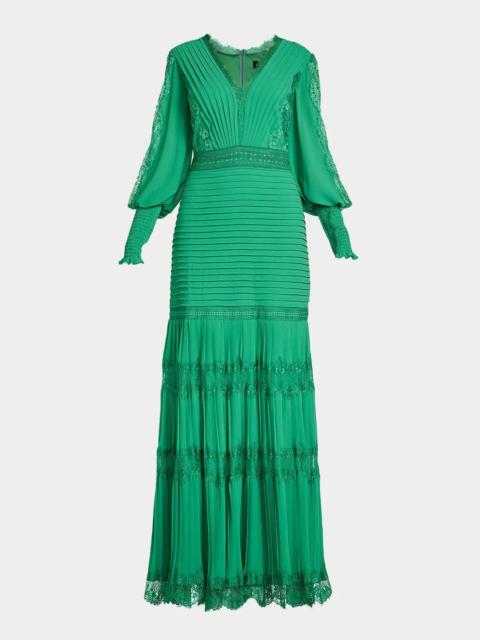 TADASHI SHOJI Tiered Bishop-Sleeve Pleated Lace Gown