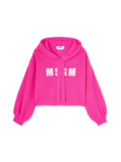 MSGM Blended cashmere hooded shirt with English ribbed stitching and embroidered logo