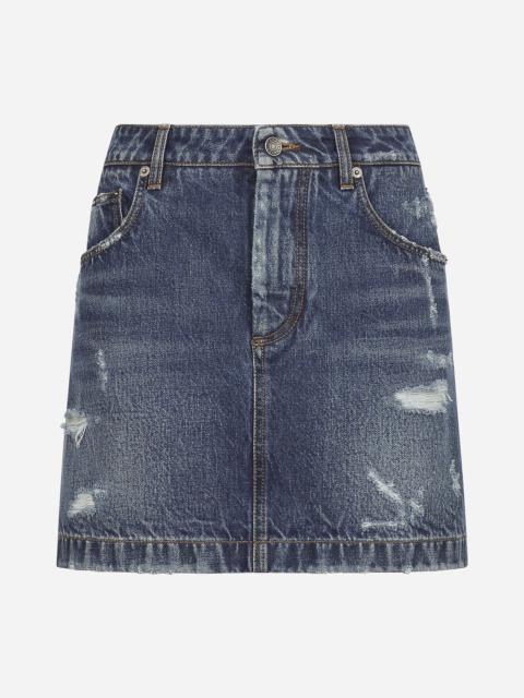 Denim mini skirt with rips