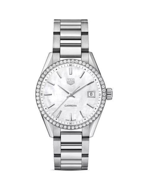 TAG Heuer Carrera Stainless Steel and White Mother of Pearl Dial Watch with Diamond Bezel Case, 36mm