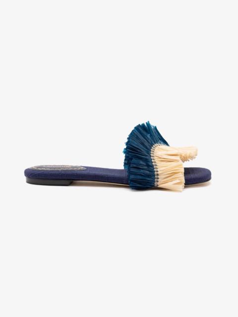 Larroudé Ivy Fringe Flat In Navy Raffia