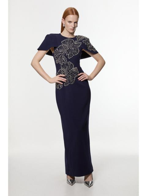 KAREN MILLEN Tall Placed Floral Crystal Embellished Tailored Cape Maxi Dress
