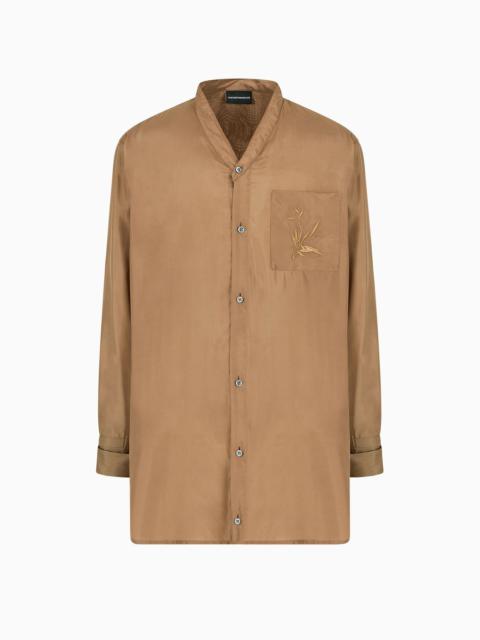 V-neck shirt with pocket and ramage embroidery in solid-colour pure silk