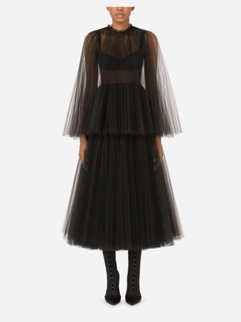 Dolce & Gabbana Tulle calf-length dress with sunray pleats and cape detail