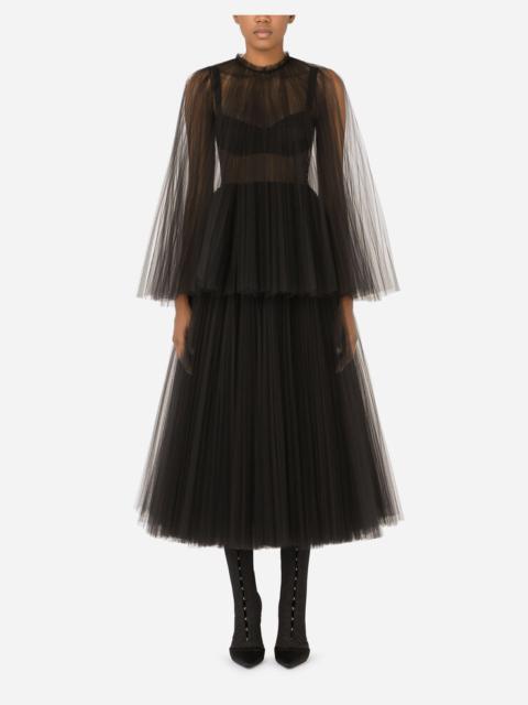 Tulle calf-length dress with sunray pleats and cape detail