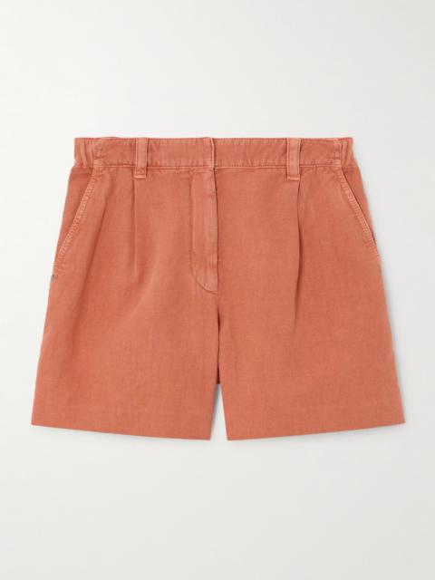Brunello Cucinelli Bead-embellished Pleated Cotton And Linen-blend Twill Shorts
