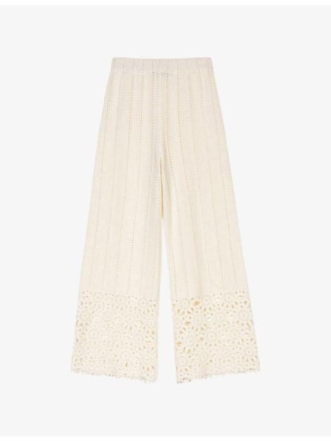 maje Wide-Leg Floral-Pattern Crochet-Knit Trousers