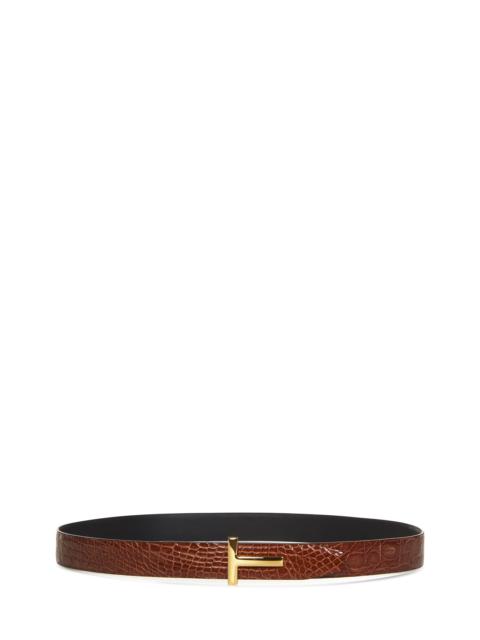 Reversible belt in tan caiman leather and black smooth leather with T-buckle.