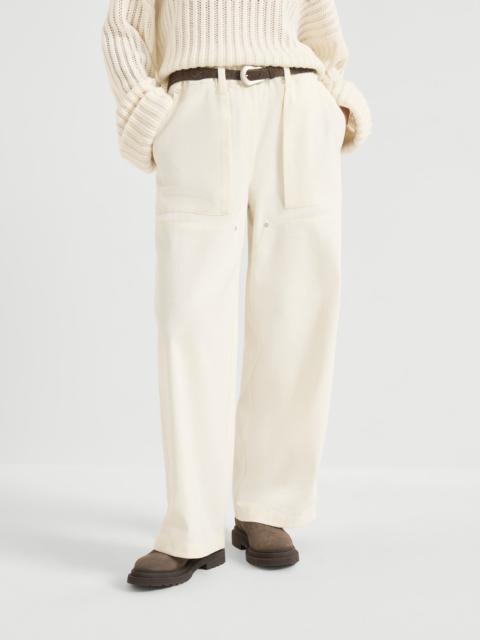 Dyed cotton and wool wrinkled denim utility track trousers with monili
