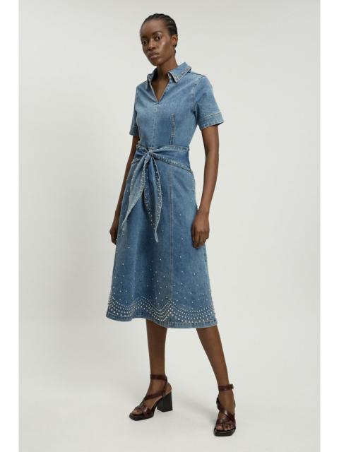 KAREN MILLEN Denim Placed Studs Tie Belted Short Sleeve Full Midi Dress
