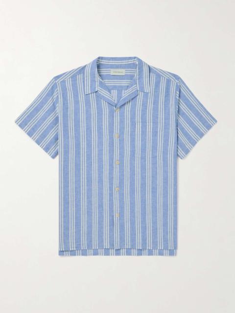 Camp-Collar Striped Cotton and Linen-Blend Shirt