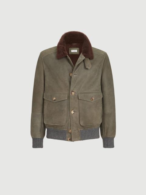 Brunello Cucinelli Waxed shearling bomber jacket with shearling collar