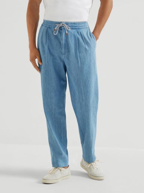 Brunello Cucinelli Lightweight denim trousers with drawstring and double pleats