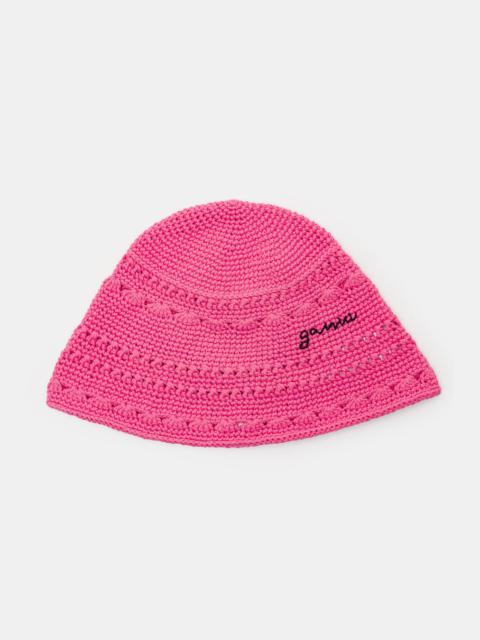 GANNI Cotton Crochet Bucket Hat in Shocking Pink