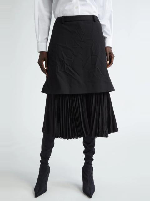 Pleated Mixed Media Layered Midi Skirt