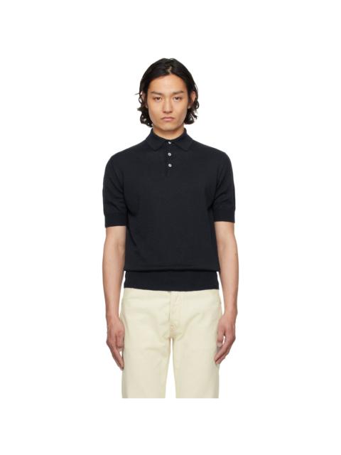 Drake's Navy Knitted Linen-Cotton Short-Sleeve Polo