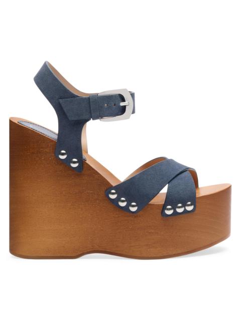 Stuart Weitzman Women's Kate 130MM Studded Suede Wedge Sandals - Stormy Blue