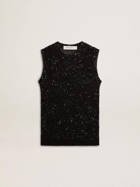Black mesh knit top with sequins and contrasting details