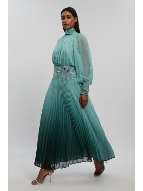 KAREN MILLEN Ombre Crinkle Georgette Embellished Pleat Detail Midi Dress
